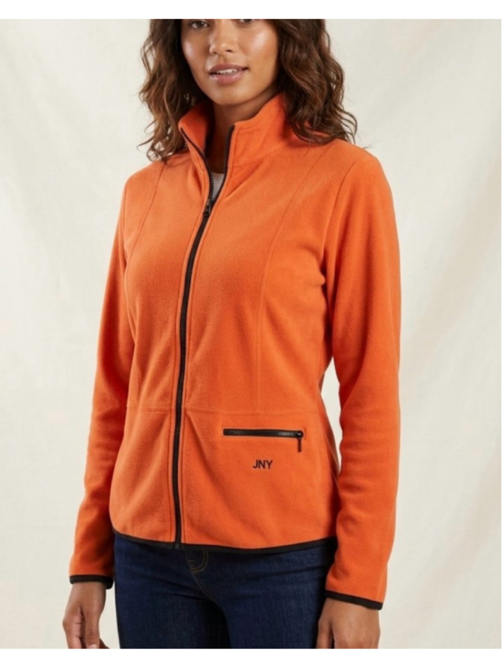 Jones New York Orange Zip-Front Teddy Jacket with Black Trim women’s large 1543